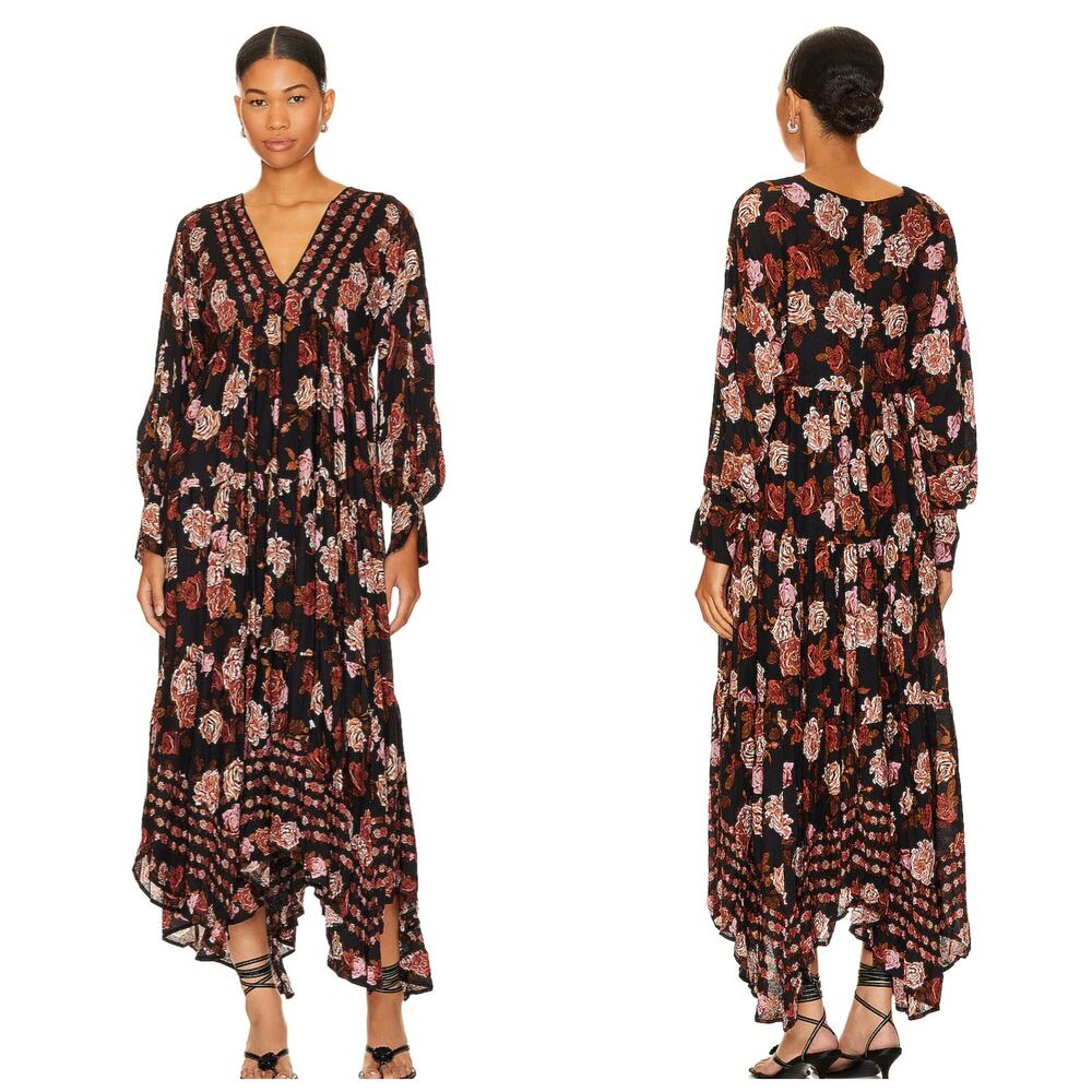 Free People REVOLVE Maxi Dress Rows of Roses V Neck Long Sleeve Black Medium